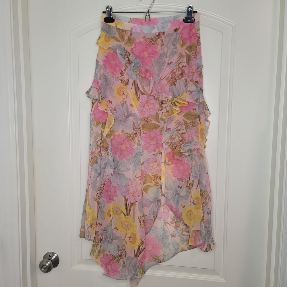 Olivaceous Pink and Yellow Asymmetrical Ruffle Skirt